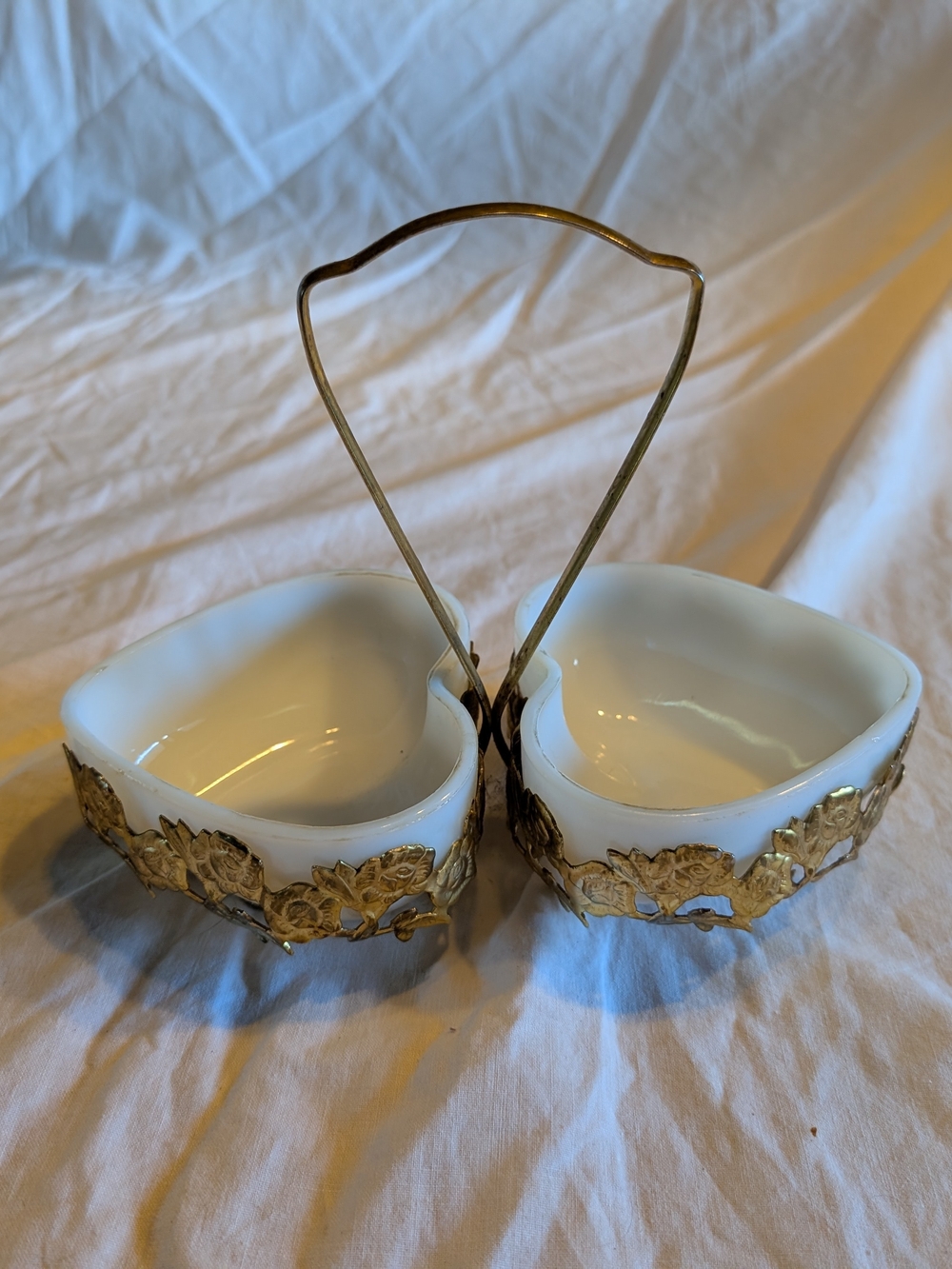 2/60$ Vintage Milk Glass Double heart Bowl with Gold Floral Trim